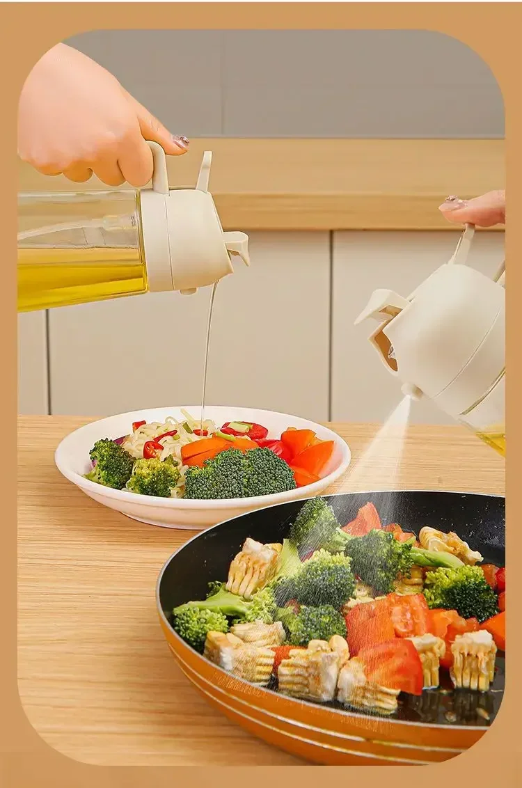 2-in-1 Öl-Sprühflasche aus Kunststoff für Küche und Grill, Olivenöl-Spender, Öl-Behälter für Backen, Essig und Sojasoße – Detail 2