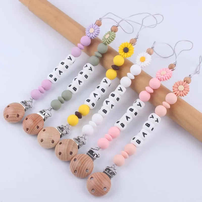 Baby Pacifier Clip Chain Personalized Name Wooden Safe Silicone Flower Teethers Dummy Nipple Holder Clips Teething Toys BPA Free