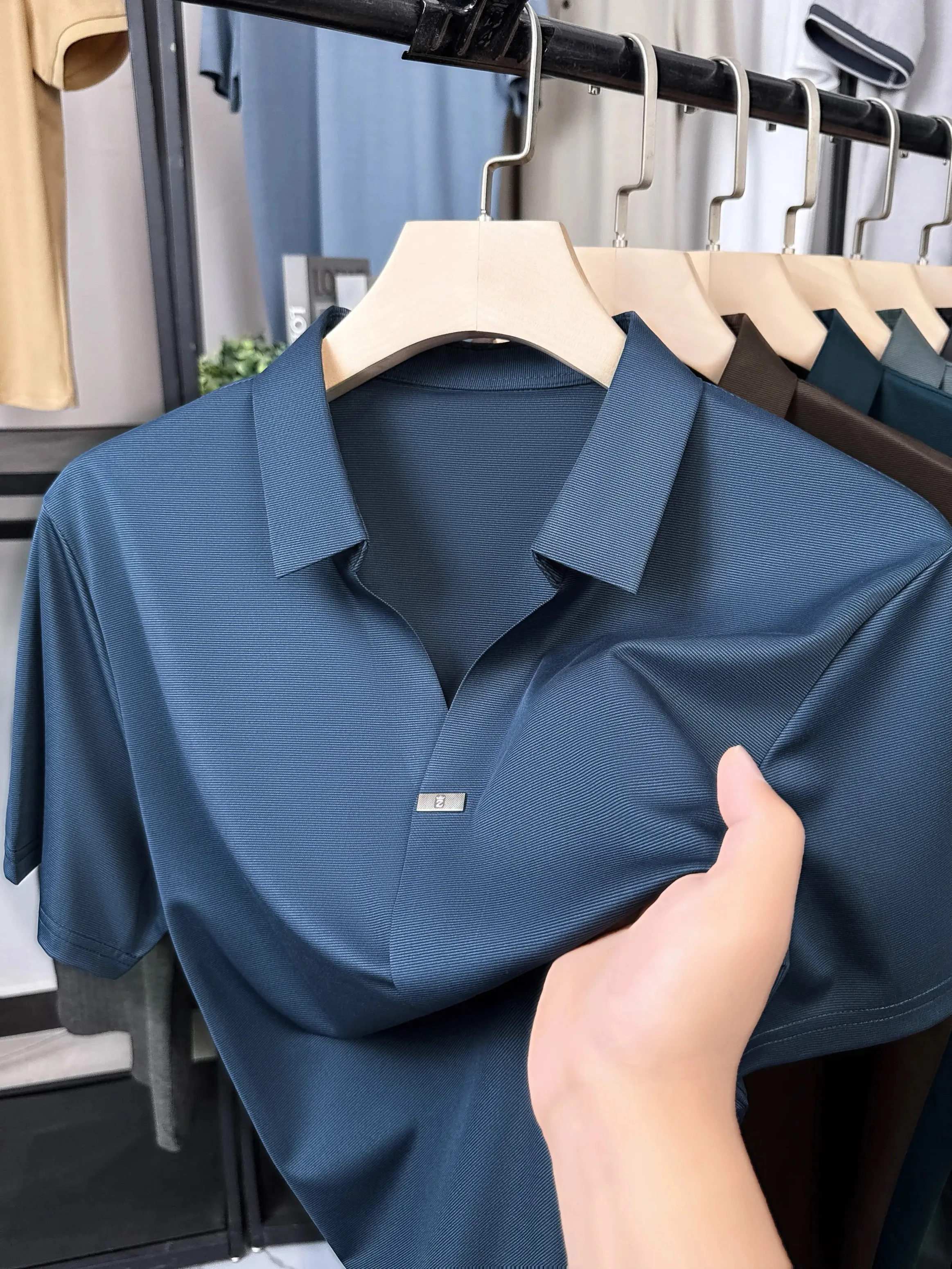 High end luxury ice silk short sleeve T-shirt men trendy designer brand comfortable cool breathable summer new casual Polo shirt