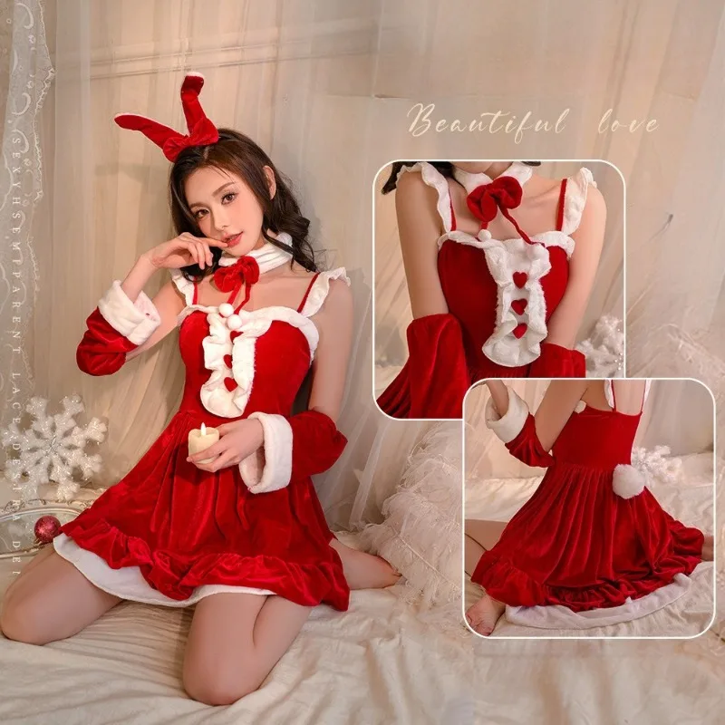

Warm Velvet Christmas Role Playing Erotic Uniform Women's Sexy Strap Lolita Dress Passionate Temptation Christmas Set