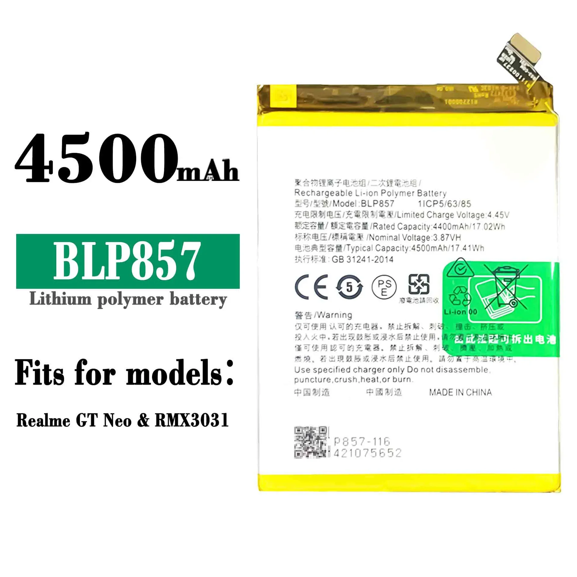 

4500mAh High Quality Replacement Battery For OPPO Realme GT NEO RMX3031 BLP857 Mobile Phone Latest Batteries