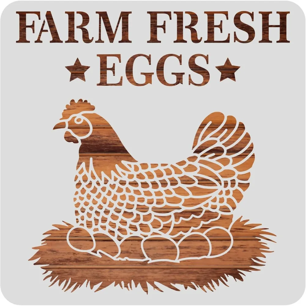 12x12inch Hen Pattern Plastic Painting Stencils Farm Fresh Eggs Large Reusable Stencil Template for Painting on Scrapbook