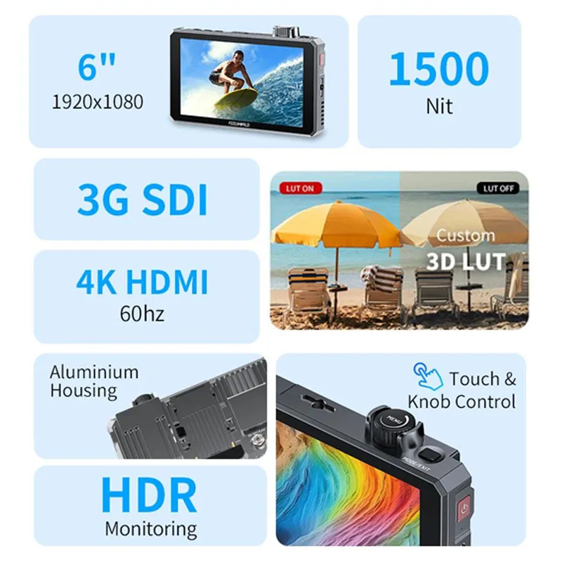 FEELWORLD 6인치 SC6 필드 카메라 비디오 모니터 1500NIT 3G SDI 4K HDMI 노브 키 컨트롤 고휘도 알루미늄
