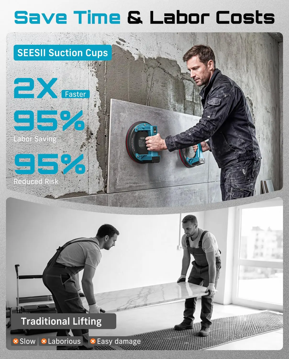 SEESII Electric Glass Suction Cups Lifter with 2 Batteries, 8-Inch Tile Suction Cup Tool 600 LBS Max Load Heavy-Duty Vacuum Suction Cups to Lift Large Glass Tile Metal Furniture