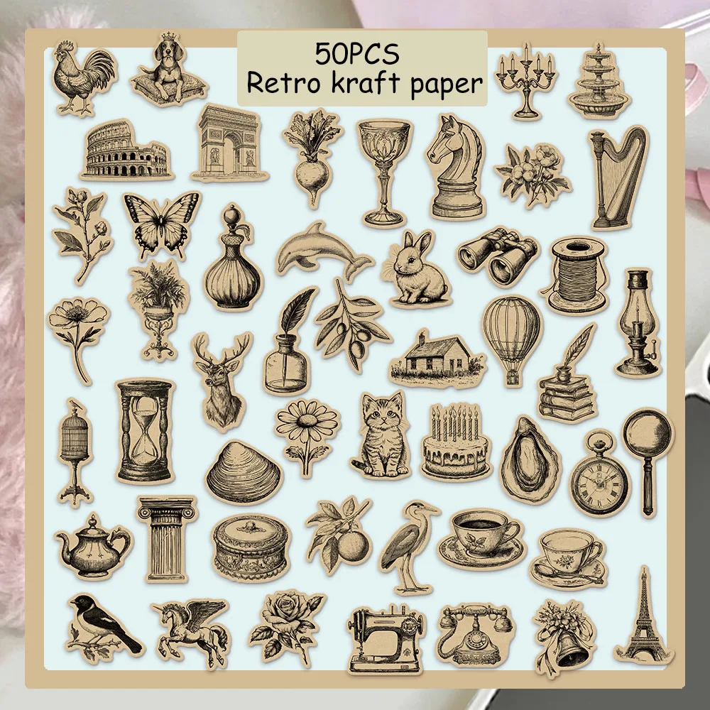 50PCS Retro Kraft Paper Scrap Book Graffiti Notebook DIY Luggage Motorcycle Skateboard Cartoon Graffiti Exquisite Stickers