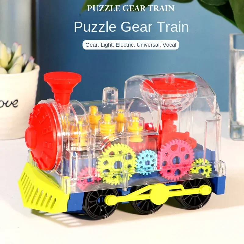 Electronic Train with LED Colorful Lights Music Electric Transparent Gear Train Universal Educational Toy for 3-6 Years Kid Gift