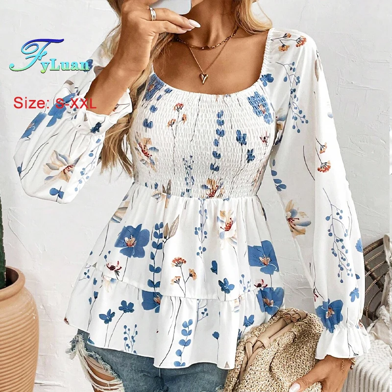 

2025 New Summer Long Sleeve Women‘s Blouse Fashion Ruffle Hem Puff Square Collar Corset Tops Floral Print Collect Waist T-Shirt