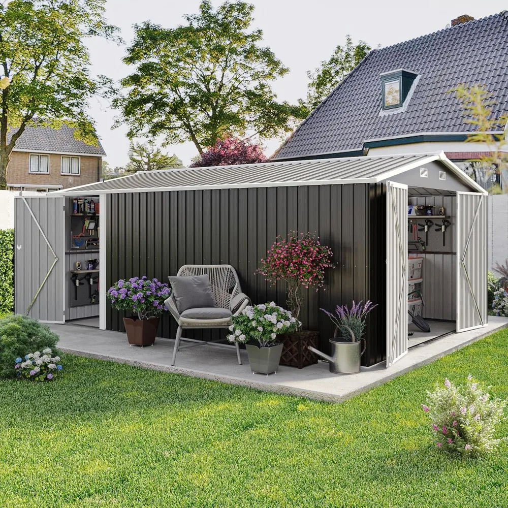 

10x14 FT Outdoor Storage Shed, Extra Large Metal Garden Shed with Waterproof Roof, 4 Vents and 3 Lockable Doors,All-Weather Tool