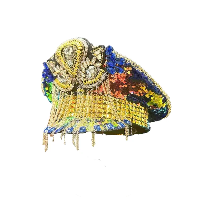 HongLuan Music luksusowy niebieski złoty Bling kapelusz kapitana łańcuszek z kryształów górskich frędzle Steampunk czapka wojskowa dla płonącej mężczyzny kobieta