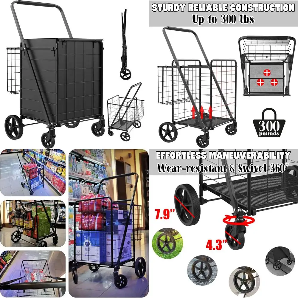 Carrinho dobrável durável com sacola impermeável, 360 °   Rodas giratórias, cestas duplas, carga de 300 libras para compras, lavanderia, camping