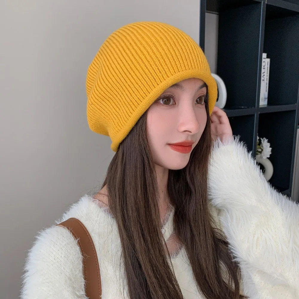 Hot Sale Knitted Pile Cap Solid Windproof Drawstring Stack Hat Ear Protection Knitted Beanies Women