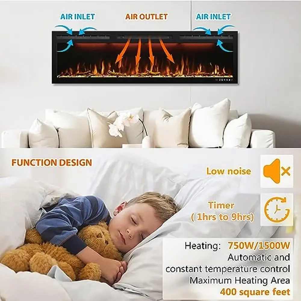 72" Electric Fireplace Wall Mounted Multicolor Flame Log Crystal Hearth 1500/750W Ultra Slim Frame LED Lights Remote Control