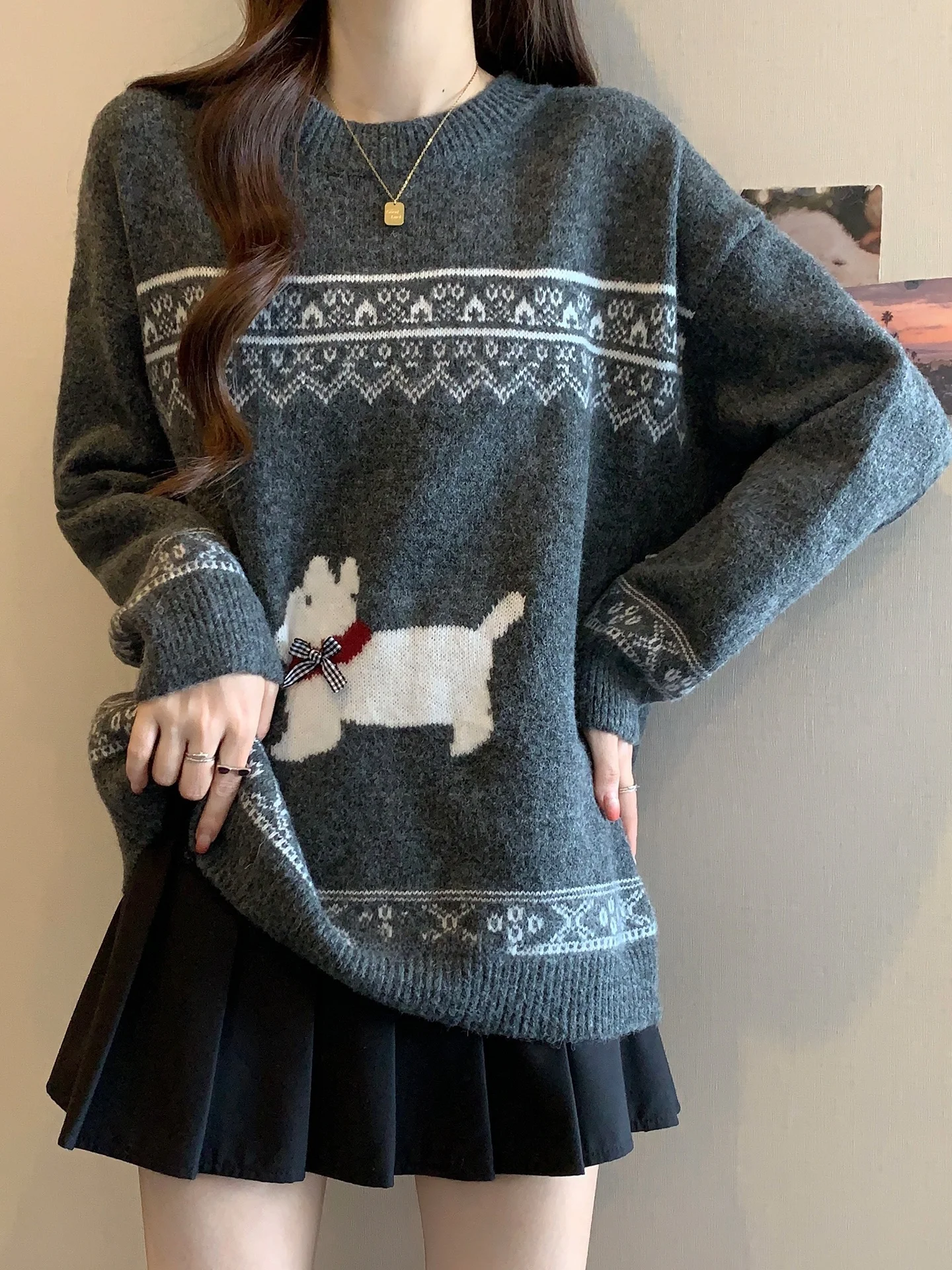 

Korean Sle Soft Sweater Women's Autumn Winter Large Size Lazy Knitted Top Dog Pattern Warm Casual Faion Loose Fit