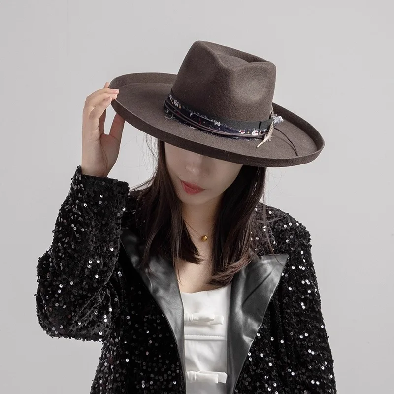 Pencil Brim Fedora Hats, 100% Wool Felt Hat Floral fabric, Webbing And Feather Decoration Upturned Edge Panama Rancher Hat