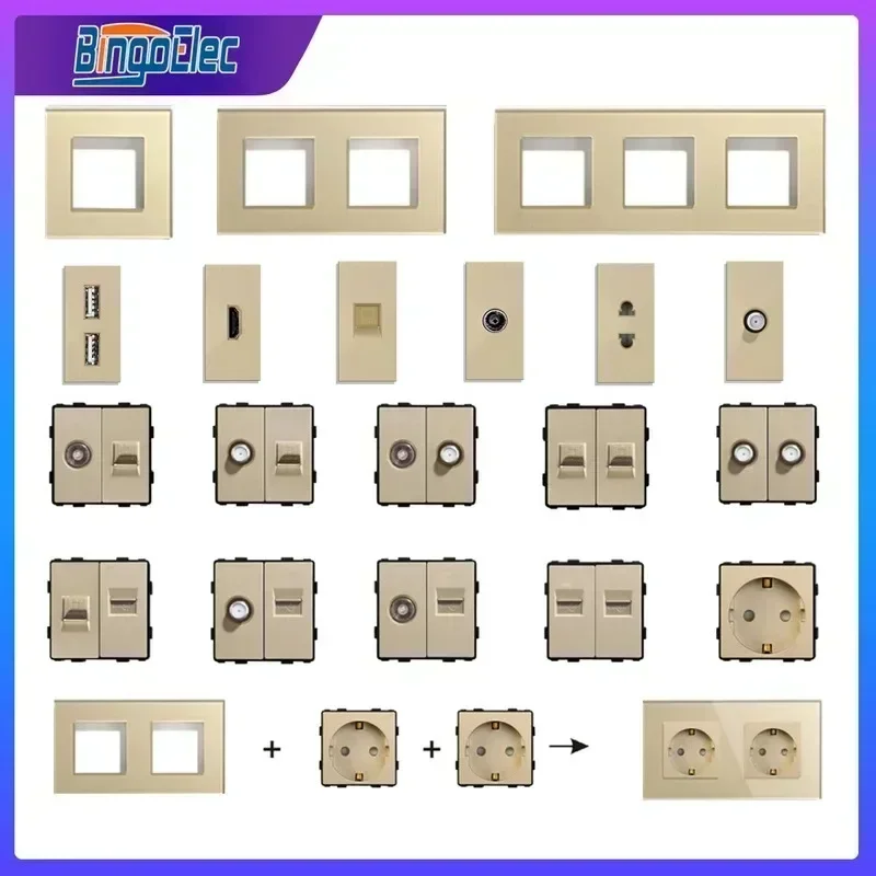 BINGOELEC Socket with Glass Light Switches Wall Socket Wifi Sockets Sensor Switch with Socket USB Rj45 CAT6 Gold Function Parts