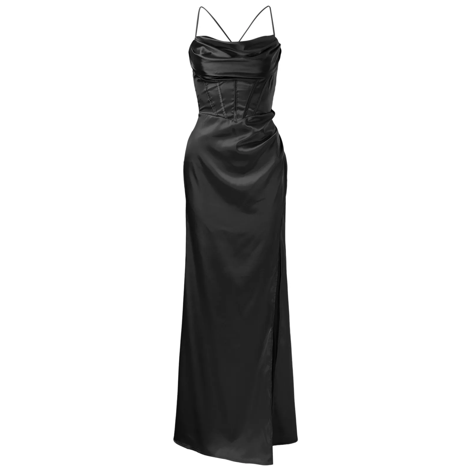 Robe corset en satin à bretelles spaghetti pour femmes, robes de soirée, arête de poisson éducative, push-up, élégante, batterie, longue robe de soirée