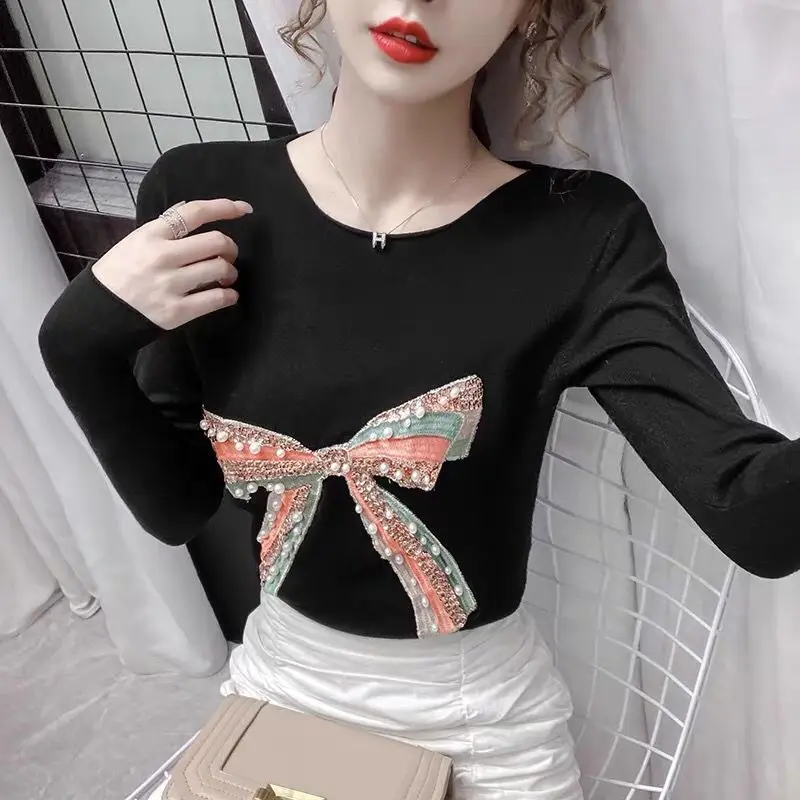 Youth Sweetness Handwork Nail Bead Embroidered Bow Sequins Blended Women's Clothing Korean Long Sleeve O-Neck Spring Summer New