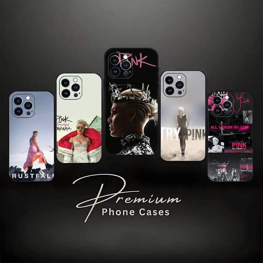 P-P!nk Capa de telefone rosa Alecia Beth para iPhone 17,16,15,14,13,12,11, Pro Max, XS, X, XR, SE, Mini, 8,7, capa preta de silicone macio