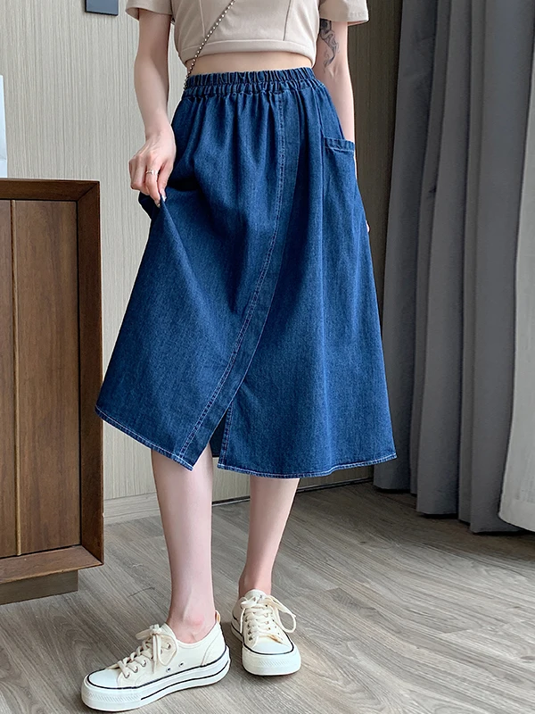 

High Waist A-Line Cotton Midi Skirt Women's Loose Slimming Korean Sle Summer New Casual School orm Split Design