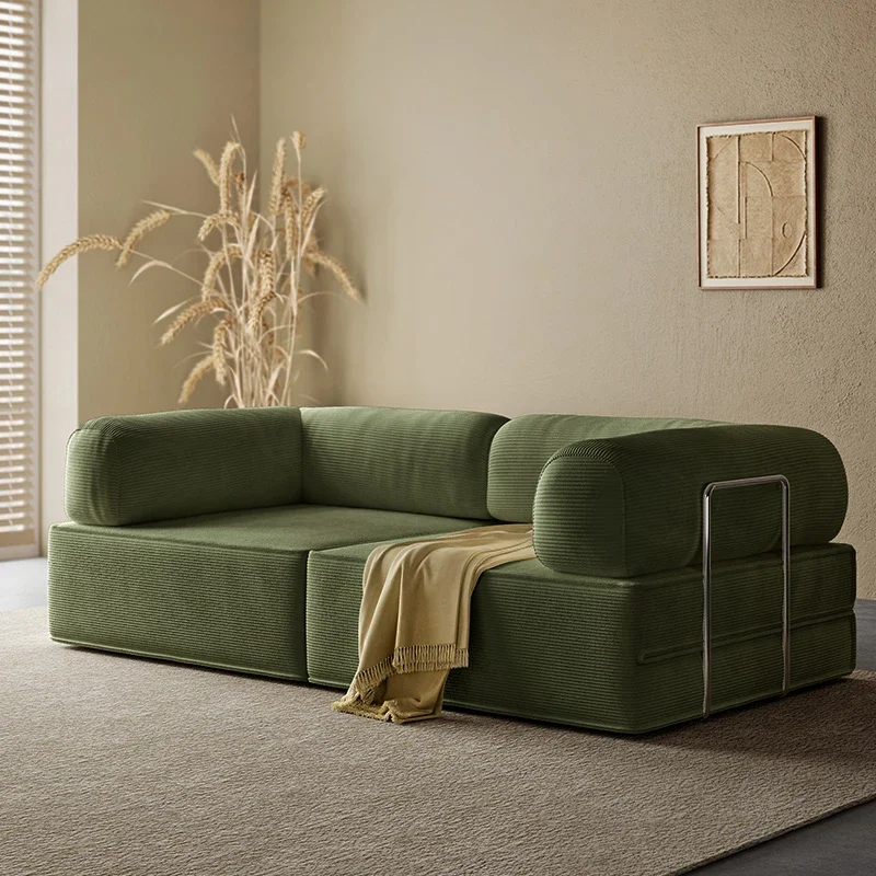 French green fabric teddy sofa bed, retro compression module combination folding dual-purpose small apartment