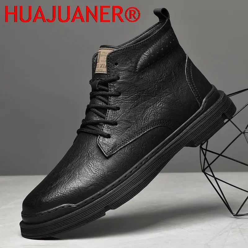 Genuine Leather Black Mens Boots Fashion Designer Mens Shoes Winter Fur Lace-Up Male Ankle Boots Lightweight Motorcycle Boots