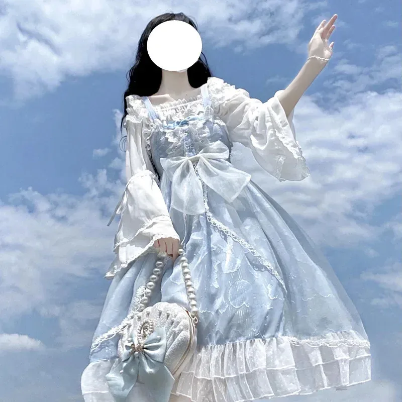 Gaun Lolita Lucu Alice In Wonderland Biru untuk Wanita Gaun Putri Kawaii Gadis Lembut Pesta Teh Jepang Vestidos Peri
