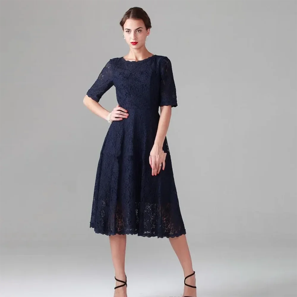 

Elegant Navy Blue Tea-length Lace Mother of the Bride Dresses Vintage Half Long Sleeve Party Evening Gowns