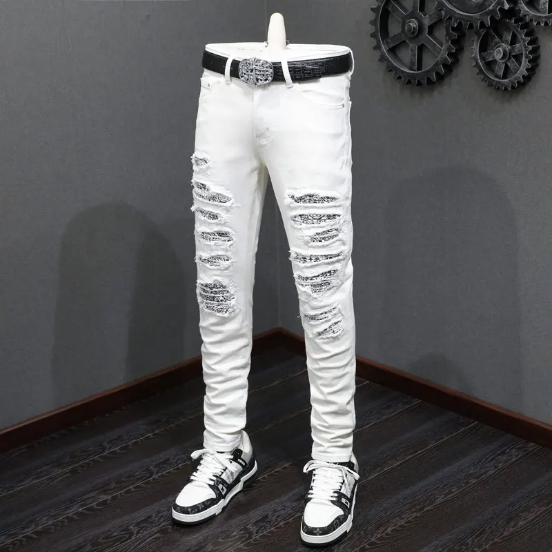 

Street Fashion Men Jeans White Stretch Skinny Fit Ripped Jeans Men Paisley Patched Designer Hip Hop Brand Denim Pants Hombre