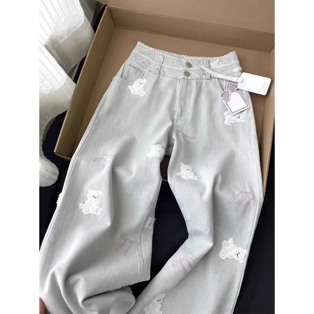 

Винтажные женские широкие джинсы Y2K, уличная одежда, высокая талия с вышивкой медведя, прямой крой для больших размеров, женская зимняя коллекция