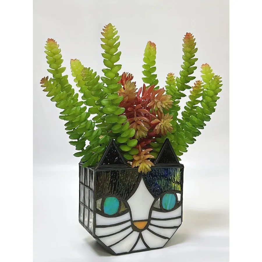 

Tiffany Cute Cat Stained Glass Flower PotsIndoor and Outdoor Plant Displays Cat Plant Planter Candle Holder Container Dration 4