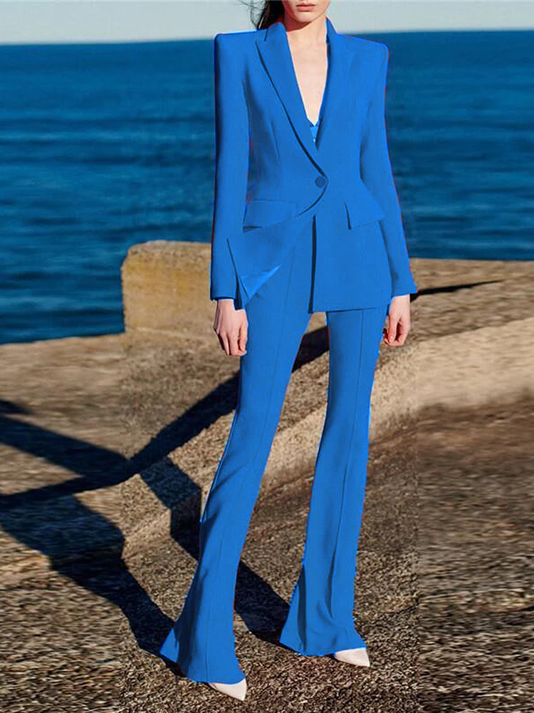 TOP QUALITY Newest 2024 Designer Runway Suit Set Women\'s Single Button Slim Fit Blazer Flare Pants Suit two-pieces