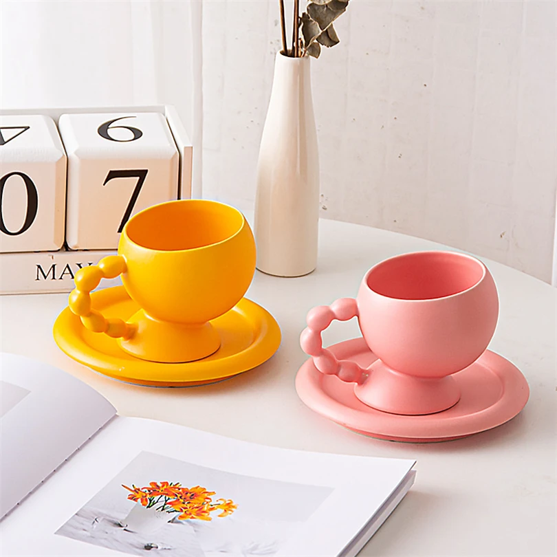 Ins European Style Special-Shaped Ceramic Cup with Handle Household Simple Mug Creative Macaron Color Coffee Cups and Saucer Set