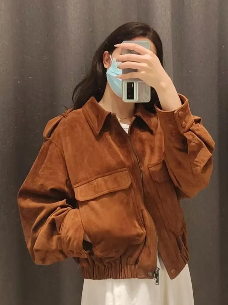 

HH 2025 Women's Autumn Vintage Suede Jackets Solid Long-sleeved Lapel With Pockets Loose Casual Outerwear Trendy Coats