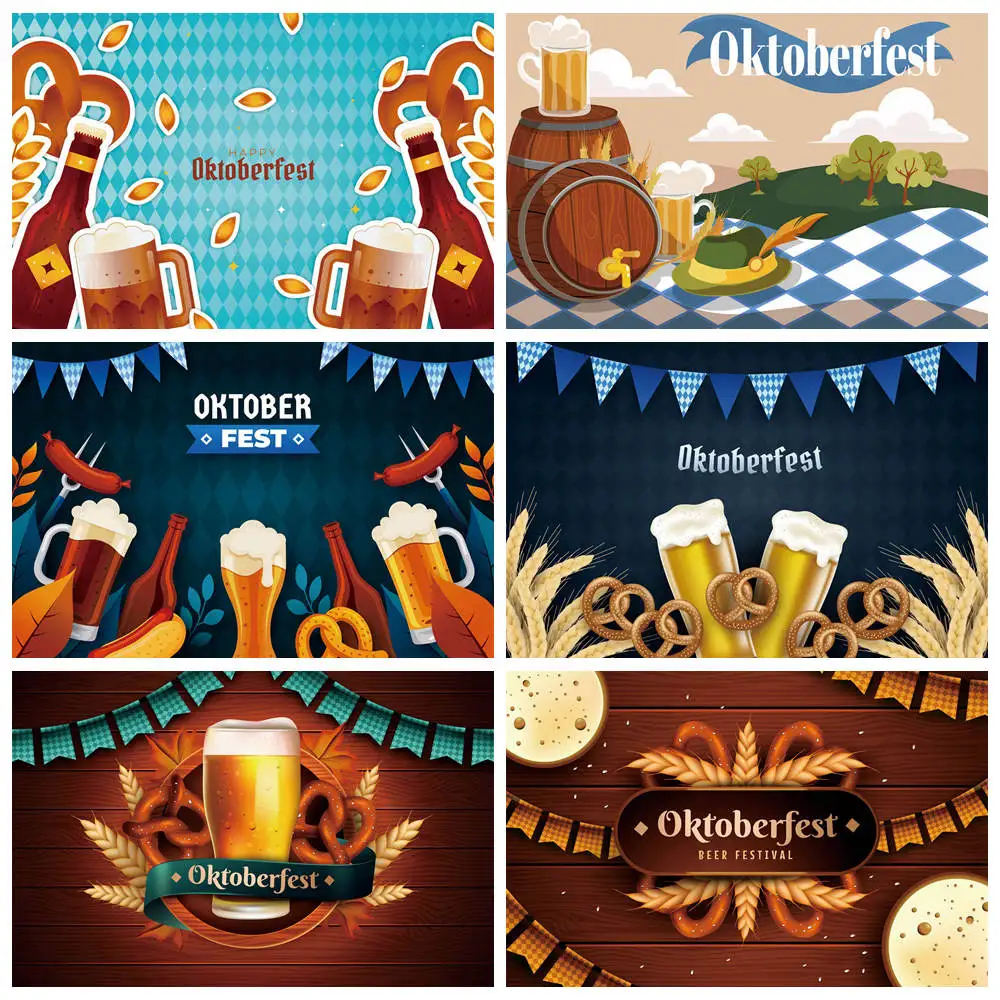 

MOON.QG Backdrop Oktoberfest Beer Festival Party Banner Background Green Hill Blue Check Cloth Barrel Poster Wall Photo Booth