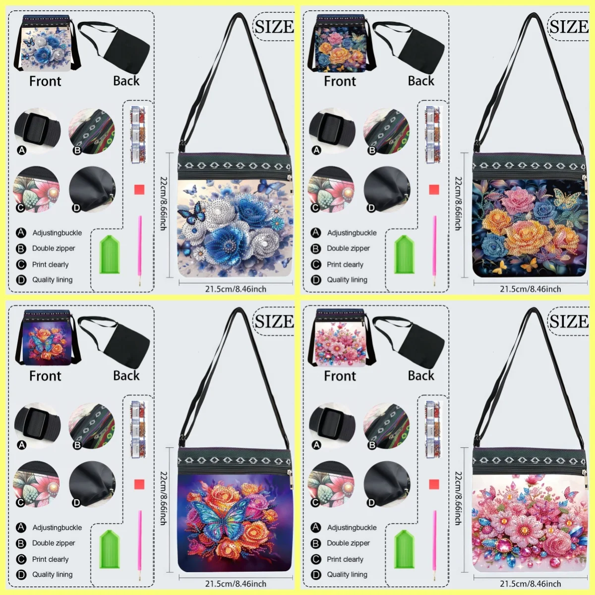 1 Piece Diamond Painting kit Messenger bag Flowers, butterfly pattern canvas Material ladies Holiday gifts, storage Necessities