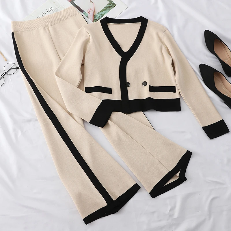 

Knitted Women Sets V-Neck Short Loose Sweaters And High Waist Wide Leg Ankle Length Pant Female Pants Suits Top Quality