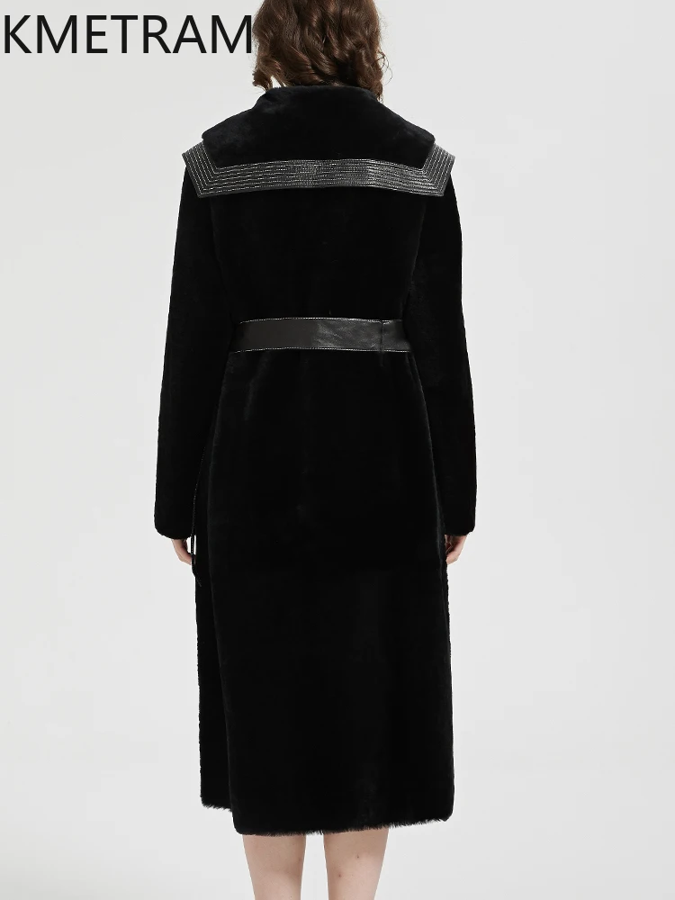 KMETRAM 100% Natural Sheepskin with Wool Atttached Fur Coat Long Warmth 2025 Winter Women Printed Jacket manteaux hiver femme