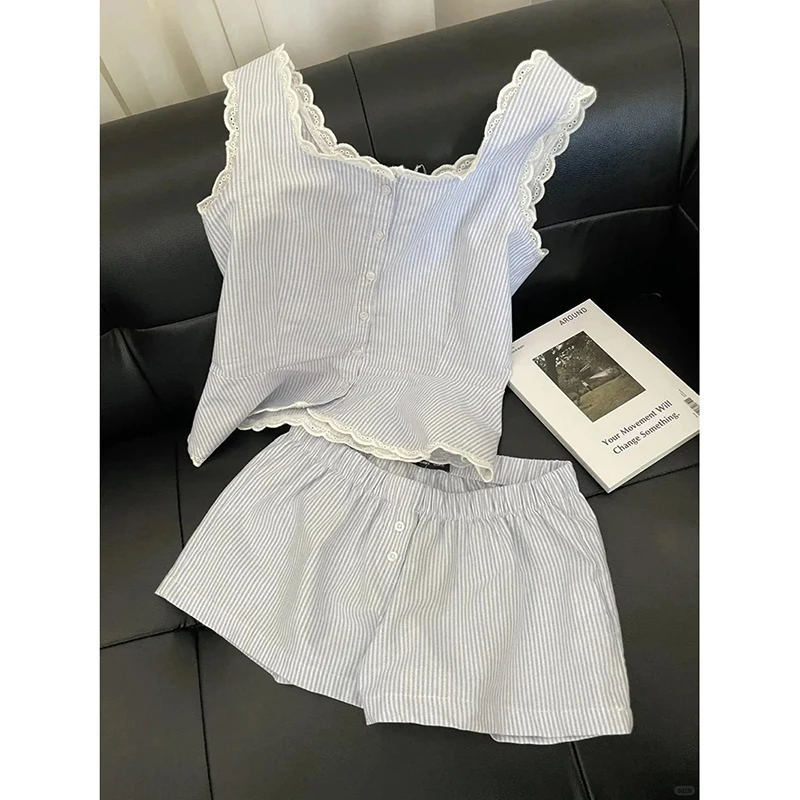 

Striped Women Pajamas Summer Sleepwear Sleeveless Shorts Sets 2 Pieces Lace Night Wears Tank Korean Sleeping Home Suit 2025 New