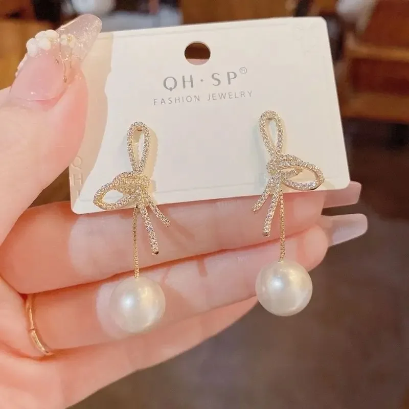 Elegant Micro Zircon Setting Bowknot Pearl Dangle Earring For Women Exquisite Advanced Design Young Girl Gold Color Jewelry