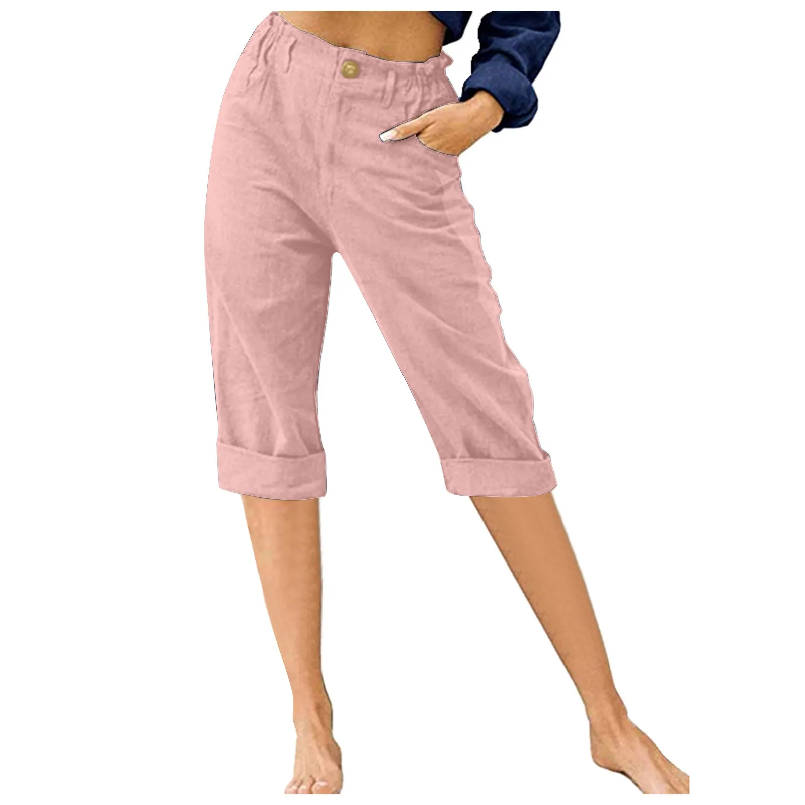 

Womens Capris Cotton Linen Pants Drawstring Elastic Waist Pants Casual Cropped Trousers Daily Breeches Five Half Pants Pantalone