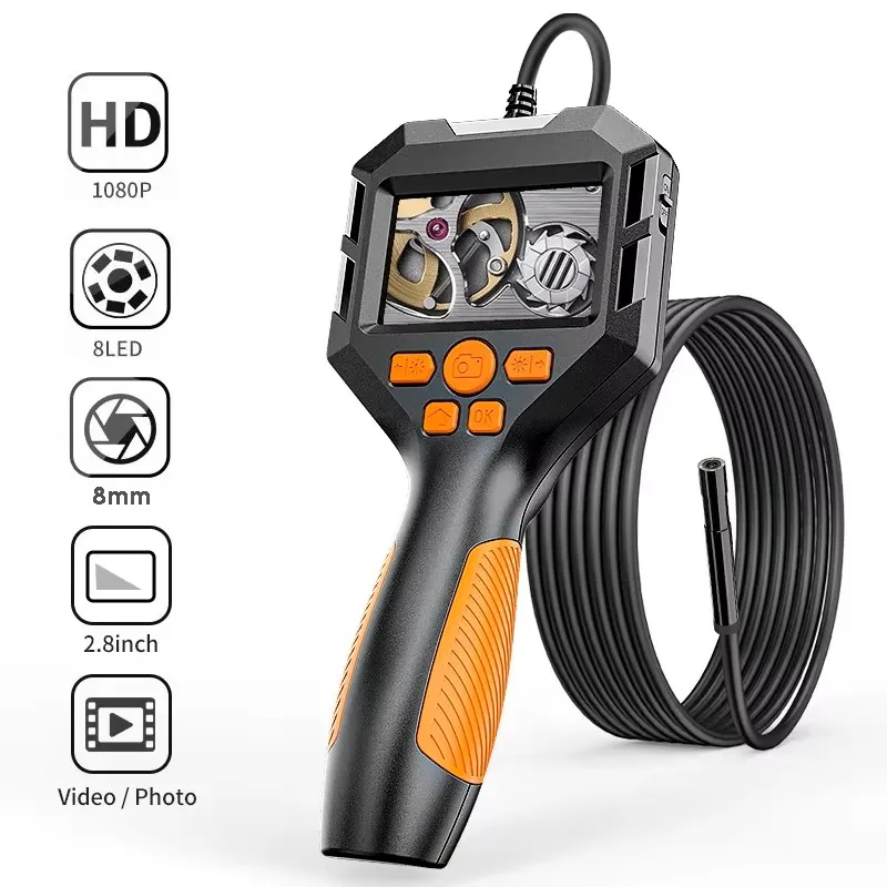 2,8-Zoll-IPS-Bildschirm, tragbares industrielles Endoskop, wasserdichte HD-1080P-Inspektionskamera, Boreskop-Kamera für Auto und Rohre