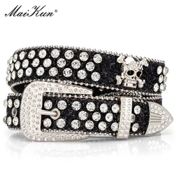 Maikun Women's Skull Rhinestone Belt Men's European and American Style Pin Buckle Belt Cowboy Style