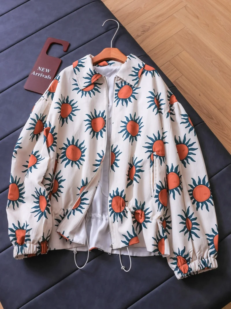 Autumn New Color Blocking Print Loose Drawstring Flower Bud Lapel Jacket Long Sleeved Female Coat 2026 Style J1889