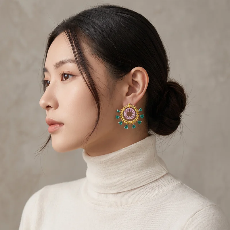 Luxury Large Stud Earrings for Women Full Micro Pave CZ Multi Color Rainbow Crystal Large C Shape Flower Earrings Boho Jewelry