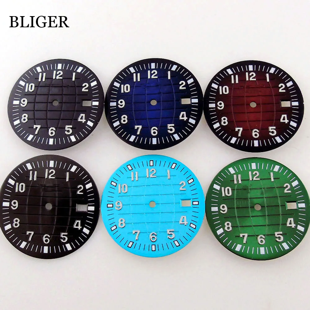 BLIGER 33mm Watch Dial Luminous Fit NH35 NH35A Movement Date Window Red Blue Black Green Earth Pattern Watch Parts