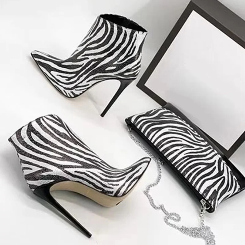 

Striped High Heel Ankle Boot Black And White Zebra Print Pointed Toe Stiletto High Heels Women Short Booties