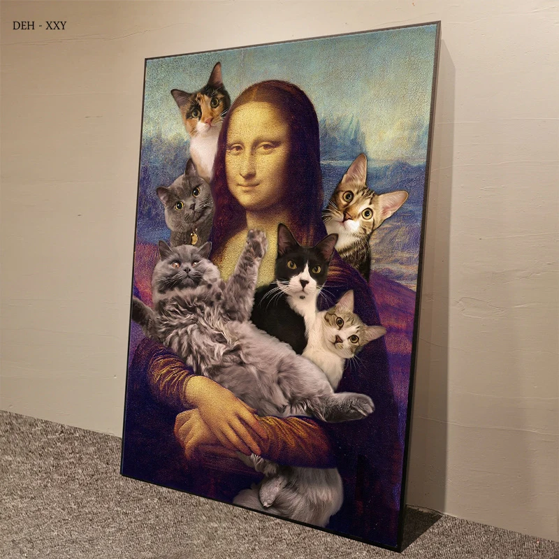 

Mona Lisa and Cute Cats Funny Art Canvas Paintin Prints Poster Classic Famous Painting Wall Art Picture Home Living Room Decor