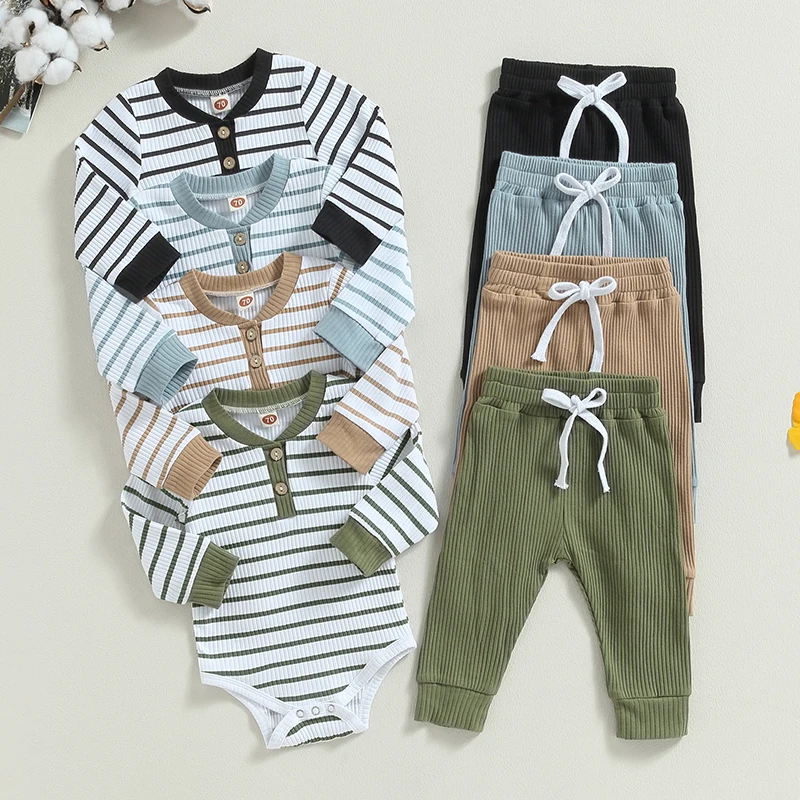 

0-24M Infant Baby Boy 2Pcs Clothes Sets Spring Fall Long Sleeve Striped Print Ribbed Rompers Long Pants Homewear