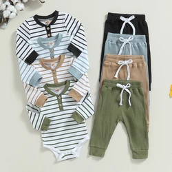 0-24Months Baby Boy Clothes Spring Fall Outfits Long Sleeve Striped Print Ribbed Rompers Elastic Waist Pants Set Infant Outfit