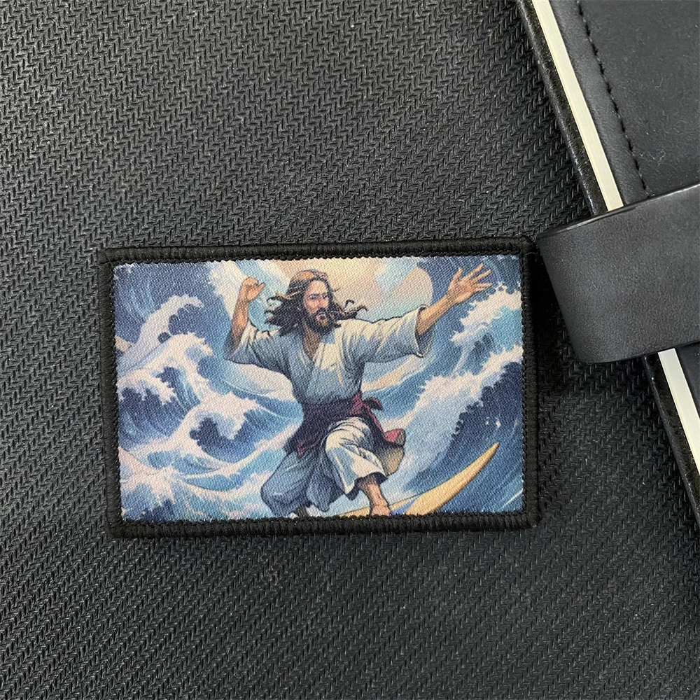 Surfing Jesus Morale Badge Patches Kanagawa Wave Tactical Armband Printing Hook and Loop Cloth Stickers Backpack Helmet Patch